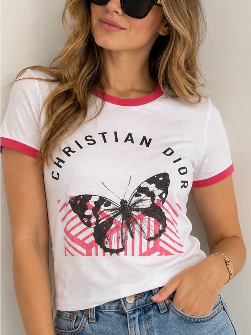 CD White & red Butterfly Graphic Ringer Tee